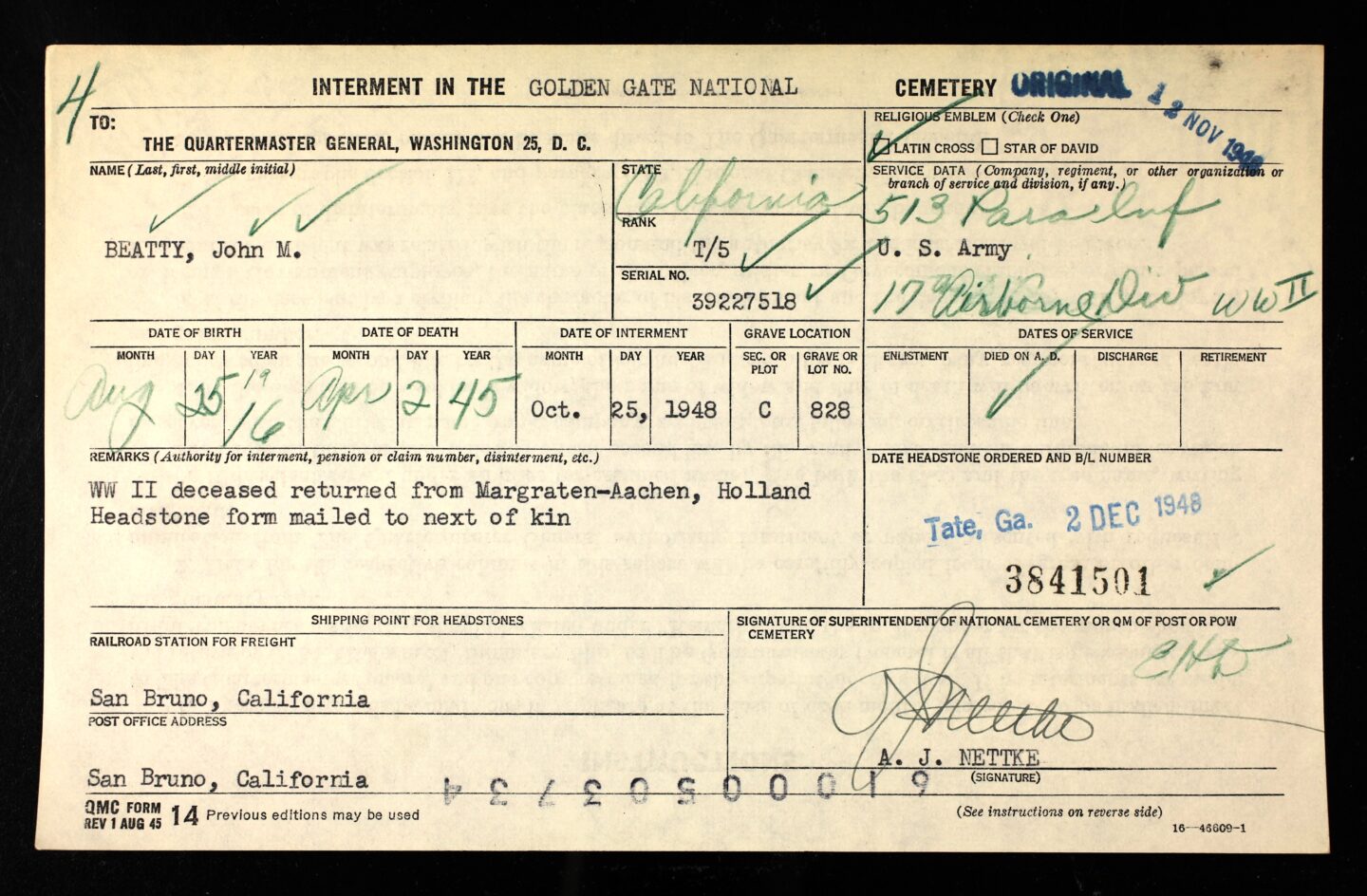 John M Beatty's reburial record