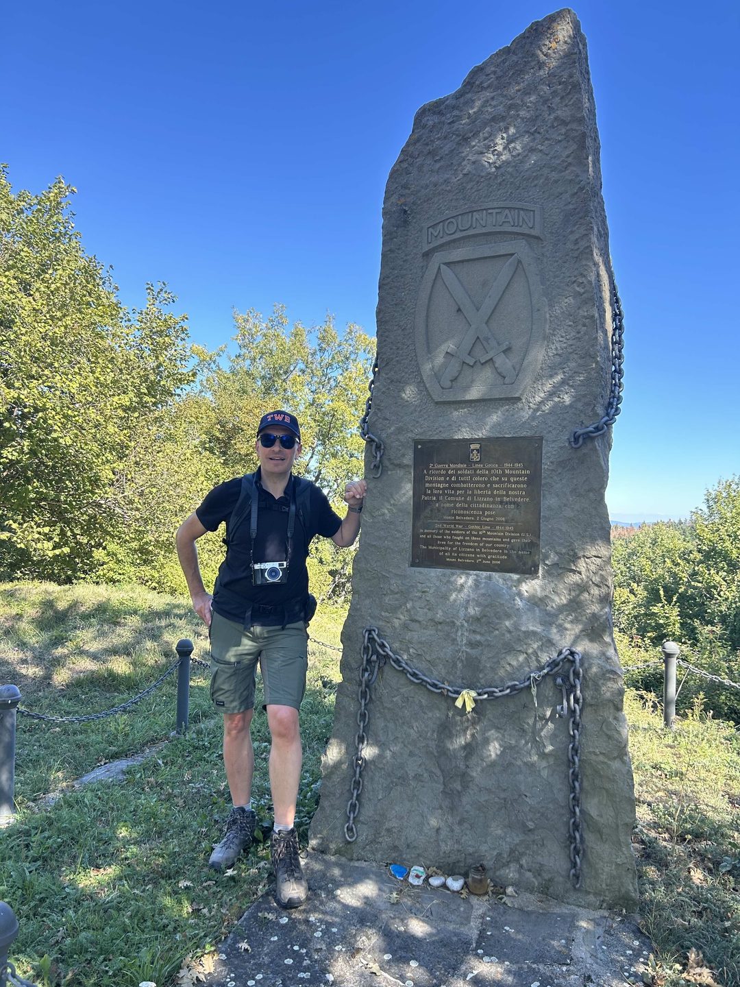 Wouter at the 10th Mountain Division monument at the top of Mount Belvedere